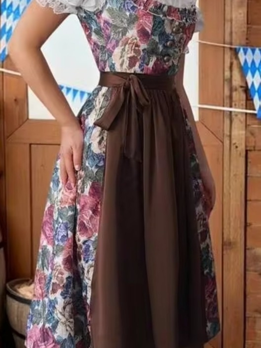 Floral Drindl Dress with Brown Apron.